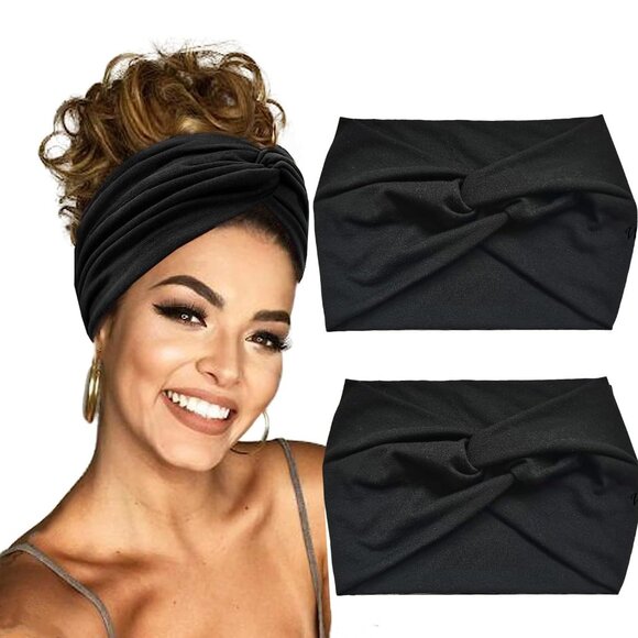 Set of 2 Extra Wide Knotted Turban Headbands for Women - Fashionable & Stretchy - Picture 1 of 7